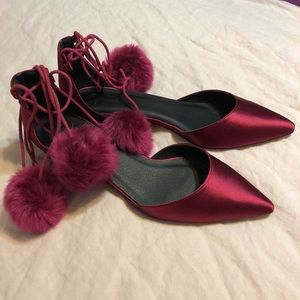 PomPom Satin Pointed Toe Low Strappy Heels